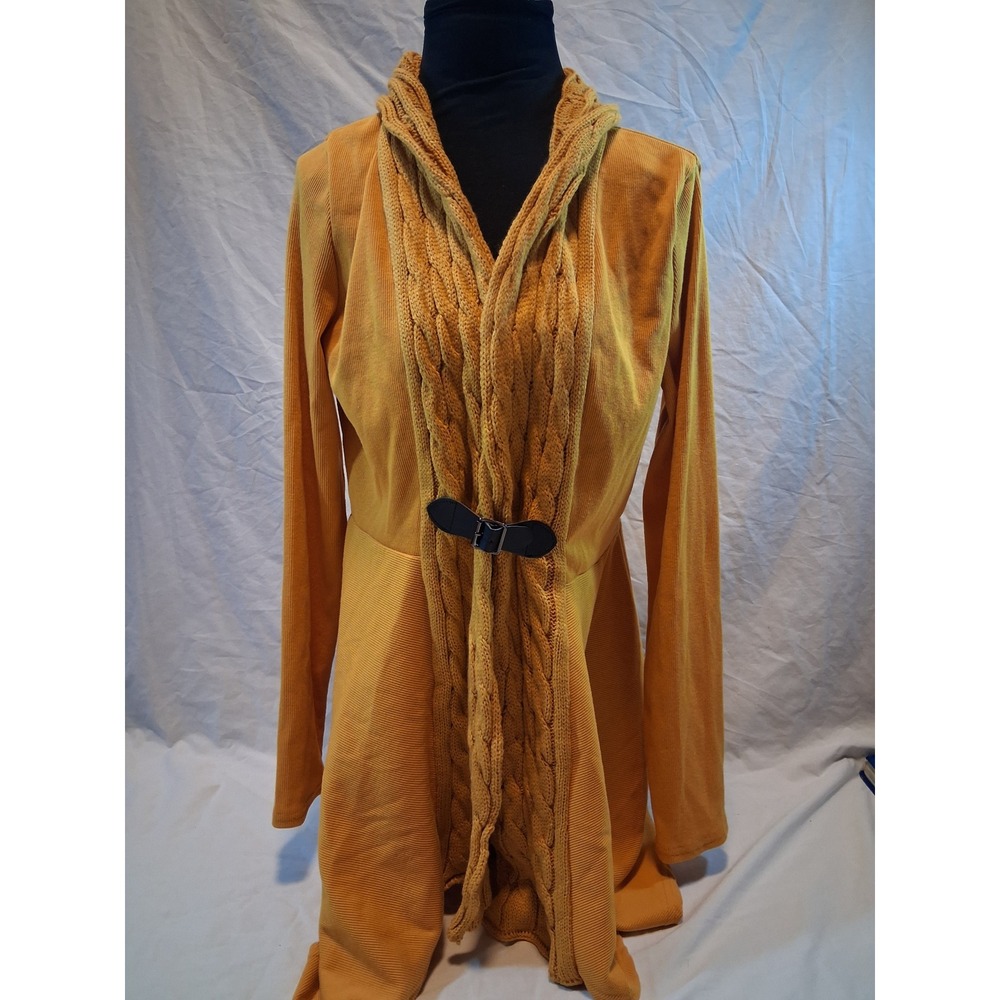 DRESSFO Mustard Yellow Cable Knit Trim Buckle Cardigan Size 8 Handkerchief Hem